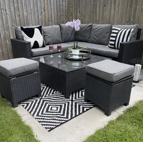 Alba Compact Outdoor Rattan Corner Sofa Set with Coffee Table in Black House of Fleur