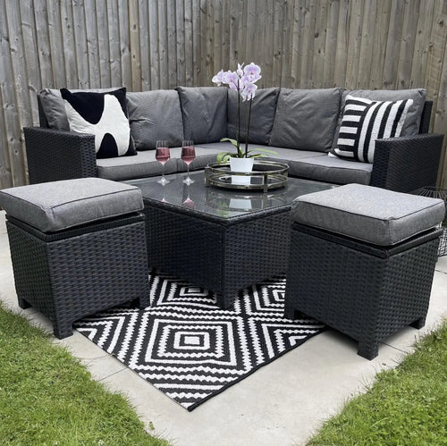 Alba Compact Outdoor Rattan Corner Sofa Set with Coffee Table in Black House of Fleur