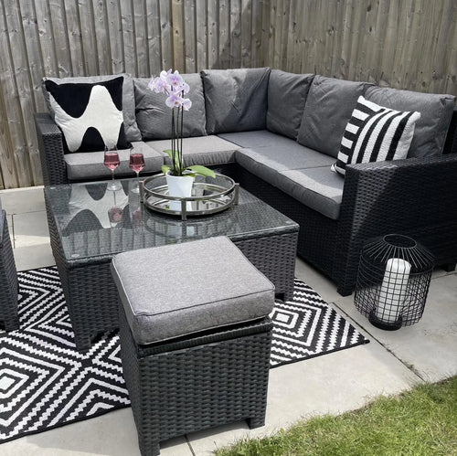 Alba Compact Outdoor Rattan Corner Sofa Set with Coffee Table in Black House of Fleur