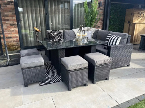 Alba Rattan Outdoor Corner Sofa Set with Dining Table and 4 Stools House of Fleur