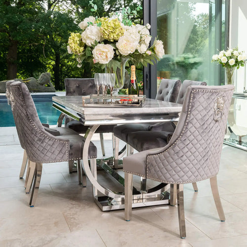 Arianna Dining Table 1.5, 1.8 & 2.0 Meter with Pleated Lion knocker Chairs Grey House of Fleur