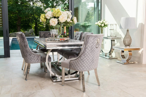 Arianna Dining Table 1.5, 1.8 & 2.0 Meter with Pleated Lion knocker Chairs Grey House of Fleur