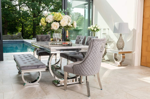 Arianna Dining Table 1.5, 1.8 & 2.0 Meter with Pleated Lion knocker Chairs Grey House of Fleur