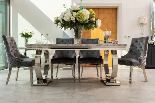 Arianna Dining Table 1.5, 1.8 & 2.0 Meter with Pleated Lion knocker Chairs Grey House of Fleur