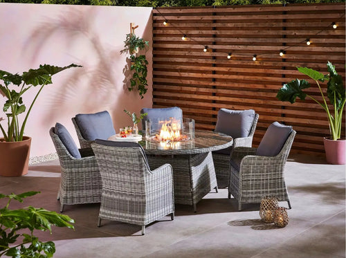 Aura Half Round Rattan Six Seat Dining Set Round Fire Pit Table Grey House of Fleur