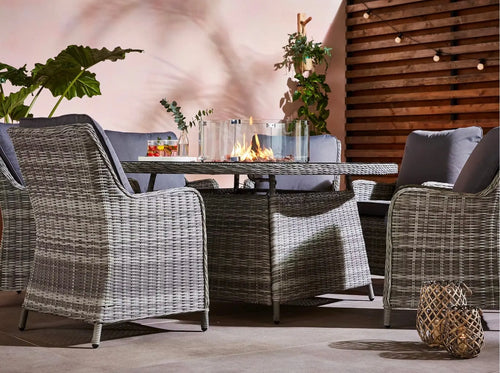 Aura Half Round Rattan Six Seat Dining Set Round Fire Pit Table Grey House of Fleur