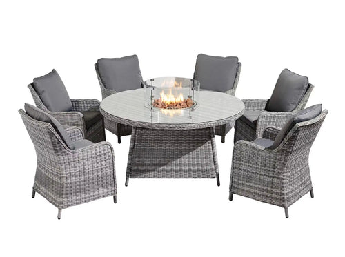 Aura Half Round Rattan Six Seat Dining Set Round Fire Pit Table Grey House of Fleur