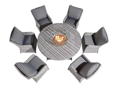 Aura Half Round Rattan Six Seat Dining Set Round Fire Pit Table Grey House of Fleur