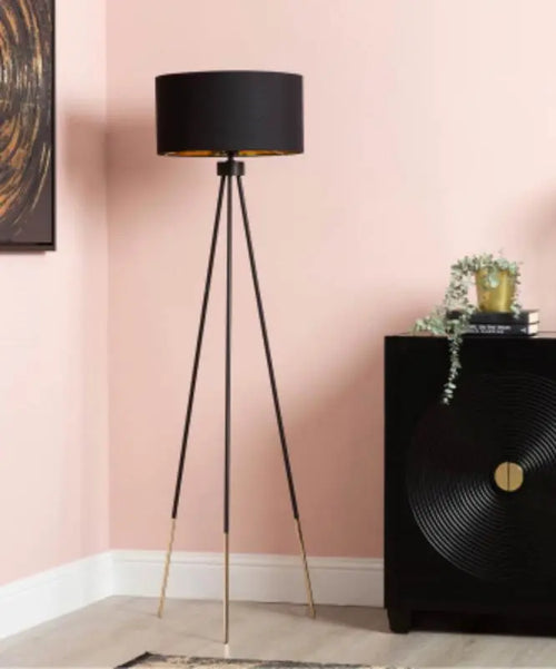 Black and Gold Tripod Floor Lamp with Black Linen Shade Gold Inside House of Fleur