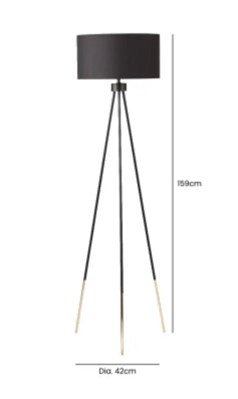 Black and Gold Tripod Floor Lamp with Black Linen Shade Gold Inside House of Fleur