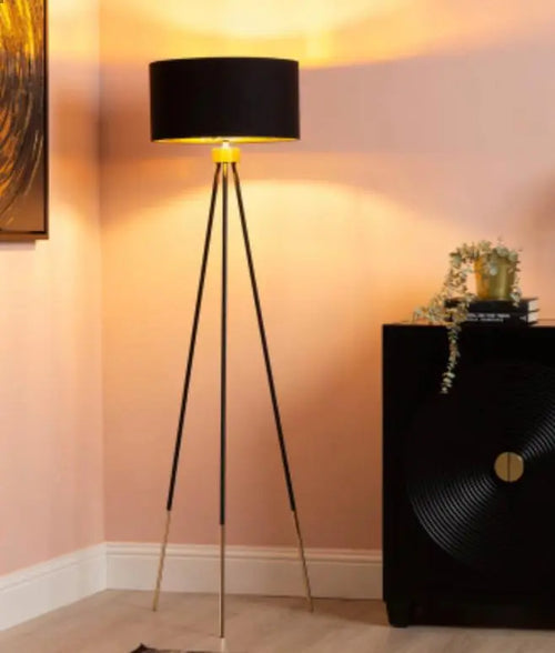 Black and Gold Tripod Floor Lamp with Black Linen Shade Gold Inside House of Fleur