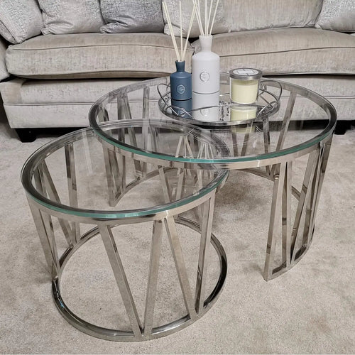 Brand New Arezza Set of 2 Marble or Glass Nesting Coffee Tables House of Fleur