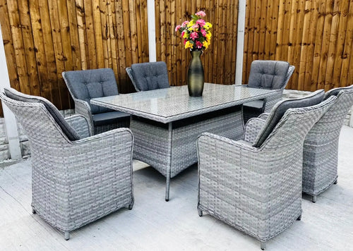 California Rattan 6 Seat Rectangle Outdoor Dining Set in Grey House of Fleur