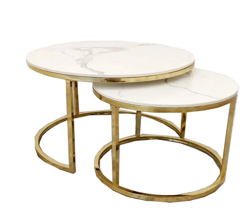 Cato Nest of 2 Short Round Coffee Gold Tables with Polar White Sintered Stone Tops House of Fleur