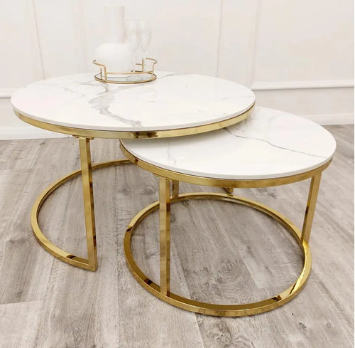 Cato Nest of 2 Short Round Coffee Gold Tables with Polar White Sintered Stone Tops House of Fleur