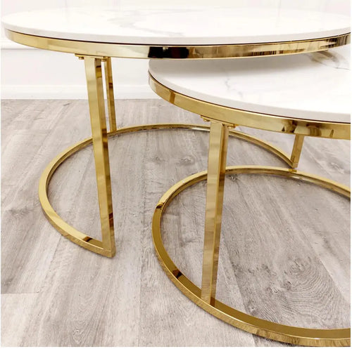 Cato Nest of 2 Short Round Coffee Gold Tables with Polar White Sintered Stone Tops House of Fleur