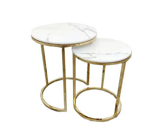 Cato Nest of 2 Tall Gold End Tables with Polar White Sintered Stone Tops House of Fleur