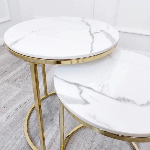 Cato Nest of 2 Tall Gold End Tables with Polar White Sintered Stone Tops House of Fleur