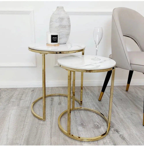 Cato Nest of 2 Tall Gold End Tables with Polar White Sintered Stone Tops House of Fleur