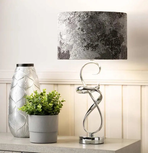 Chrome Swirl Table Lamp 2T Black and White Linen Shade Silver Inside House of Fleur