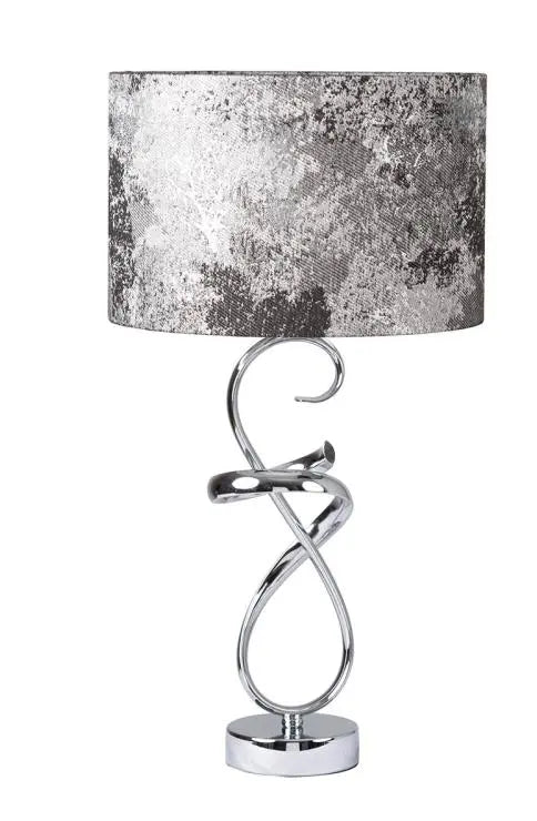 Chrome Swirl Table Lamp 2T Black and White Linen Shade Silver Inside House of Fleur