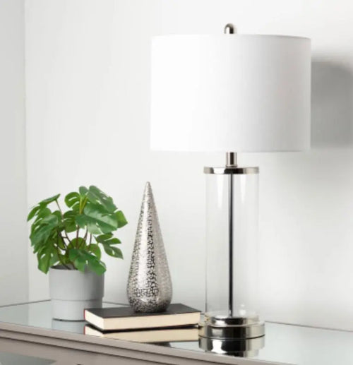 Clear Glass Table Lamp with White Linen Shade House of Fleur