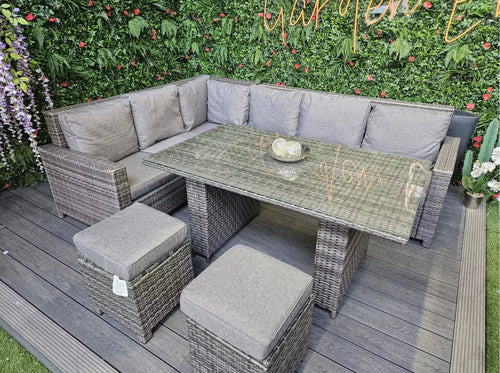 Ex Display Alba Rattan Outdoor Corner Sofa Set with Dining Table Grey House of Fleur