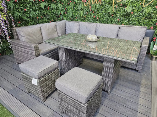 Ex Display Alba Rattan Outdoor Corner Sofa Set with Dining Table Grey House of Fleur