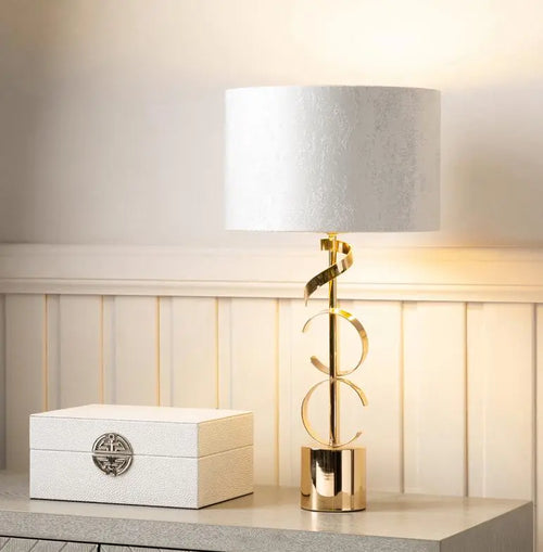 Gold Metal Swirl Table Lamp with White Cotton Shade Gold Inside House of Fleur