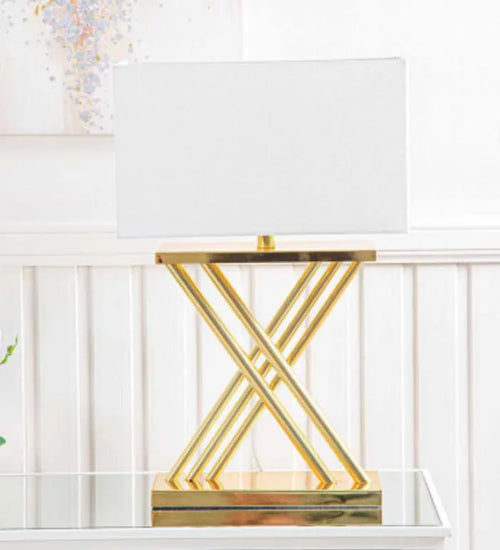 Gold Plated X-Design Table Lamp with White Linen Shade House of Fleur