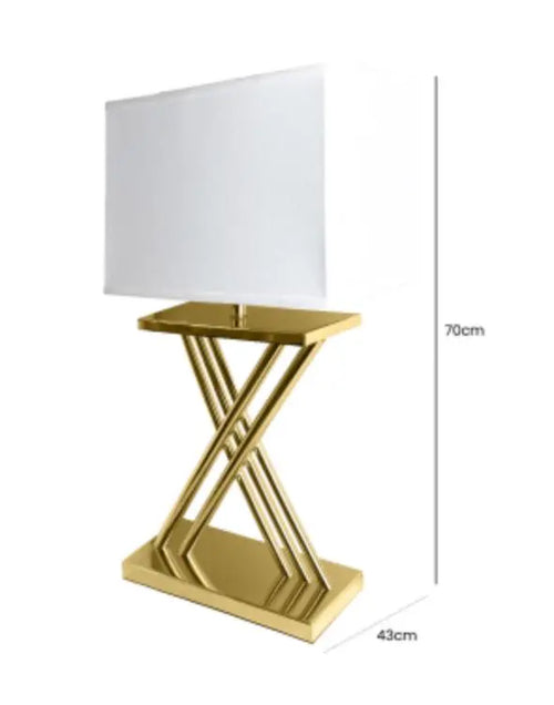 Gold Plated X-Design Table Lamp with White Linen Shade House of Fleur