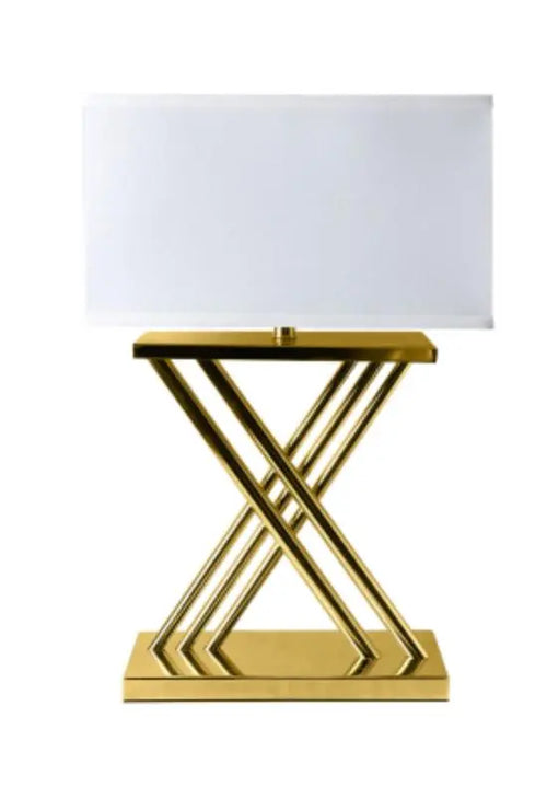 Gold Plated X-Design Table Lamp with White Linen Shade House of Fleur