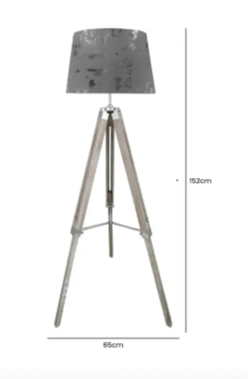 Grey Wood Tripod Floor Lamp Linen Empire Grey Shade House of Fleur