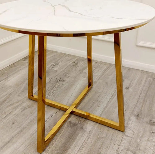 Juno Gold 90cm Round Dining Table with Polar White Sintered Stone Top House of Fleur