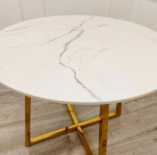 Juno Gold 90cm Round Dining Table with Polar White Sintered Stone Top House of Fleur