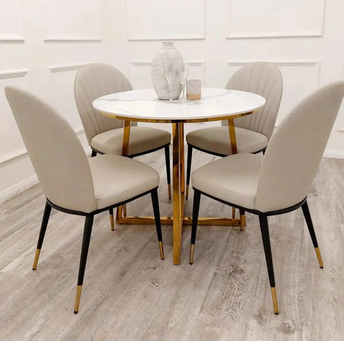 Juno Gold 90cm Round Dining Table with Polar White Sintered Stone Top House of Fleur