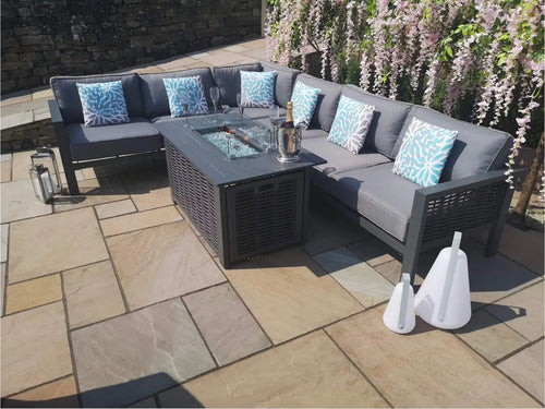 Liberty Corner Rattan Aluminium Sofa Set Fire Pit Table Slate Grey House of Fleur