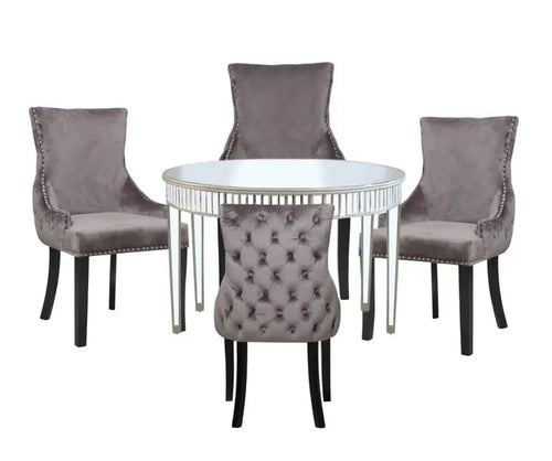 London 1.2 Round Mirrored Dining Table with 4 Grey Alice Chairs House of Fleur