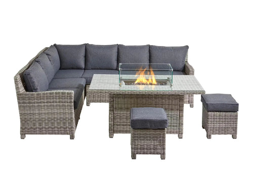 London Outdoor Rattan Corner Sofa Set with Fire Pit Table House of Fleur