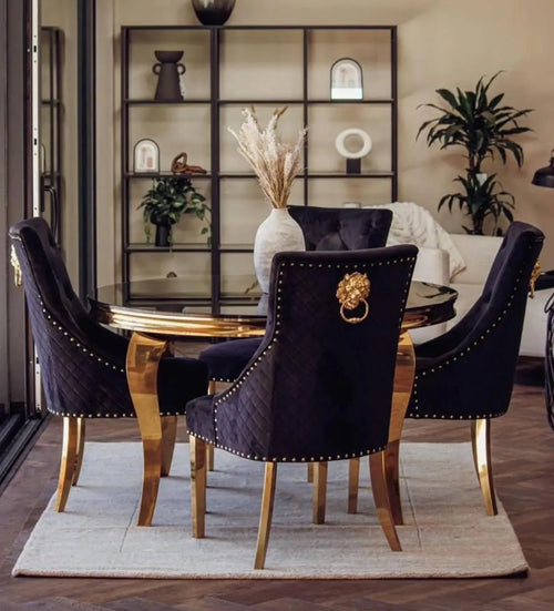 Louis 130cm Gold Round Marble Dining Table + Black Gold Lion Dining Chairs House of Fleur