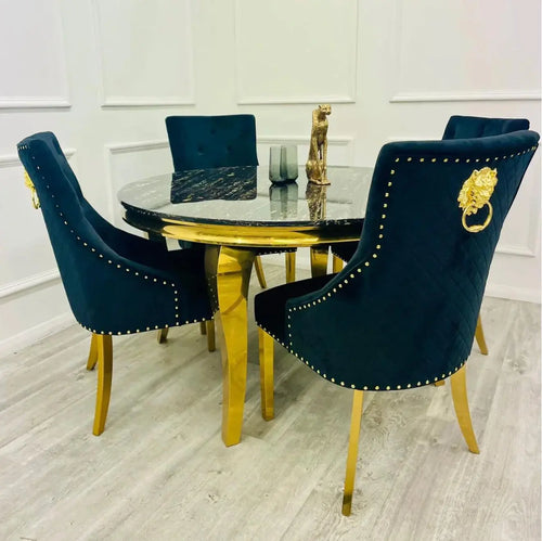 Louis 130cm Gold Round Marble Dining Table + Black Gold Lion Dining Chairs House of Fleur