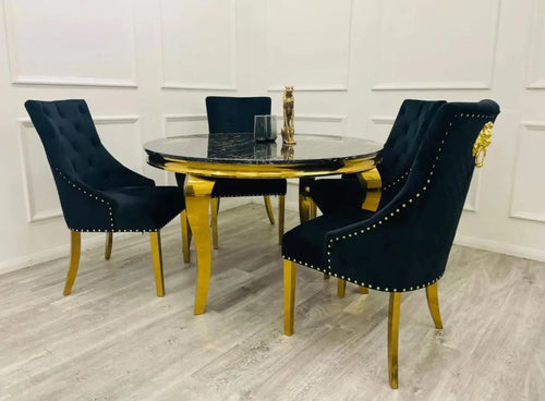 Louis 130cm Gold Round Marble Dining Table + Black Gold Lion Dining Chairs House of Fleur