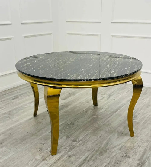 Louis 130cm Gold Round Marble Dining Table + Black Gold Lion Dining Chairs House of Fleur