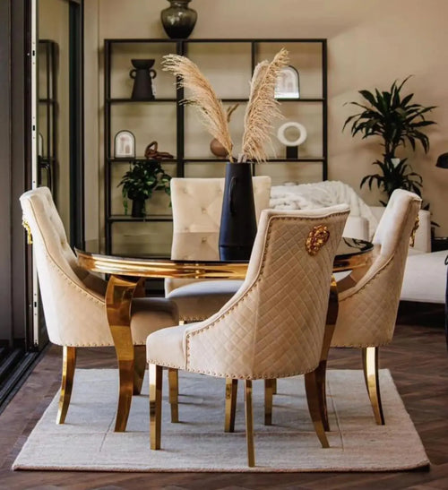 Louis 130cm Gold Round Marble Dining Table + Cream Gold Lion Dining Chairs. House of Fleur