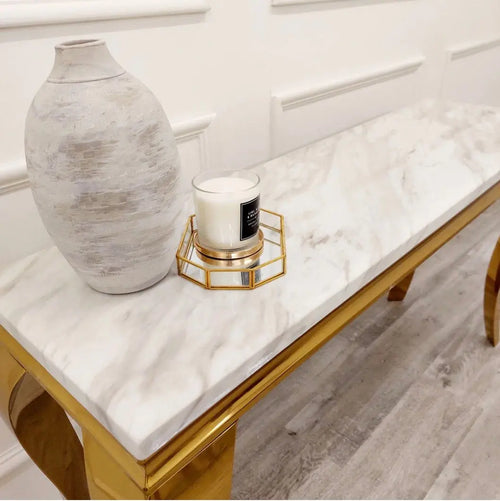 Louis Gold Console Table with Ivory Smoke Marble Top House of Fleur