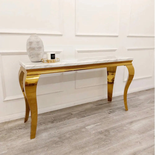 Louis Gold Console Table with Ivory Smoke Marble Top House of Fleur