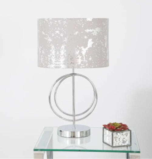 Metal Chrome Circle Design Base with Silver Drum-shaped Fabric Shade Table Lamp House of Fleur