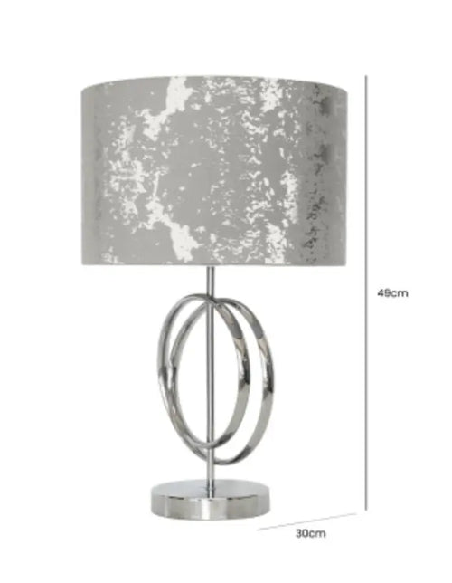 Metal Chrome Circle Design Base with Silver Drum-shaped Fabric Shade Table Lamp House of Fleur