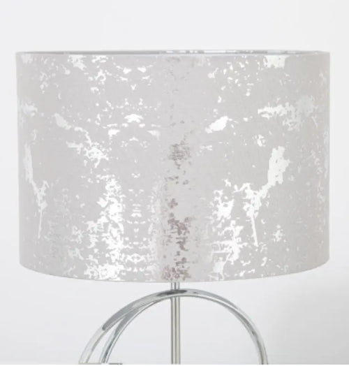 Metal Chrome Circle Design Base with Silver Drum-shaped Fabric Shade Table Lamp House of Fleur