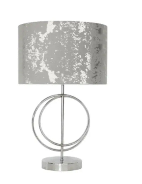 Metal Chrome Circle Design Base with Silver Drum-shaped Fabric Shade Table Lamp House of Fleur